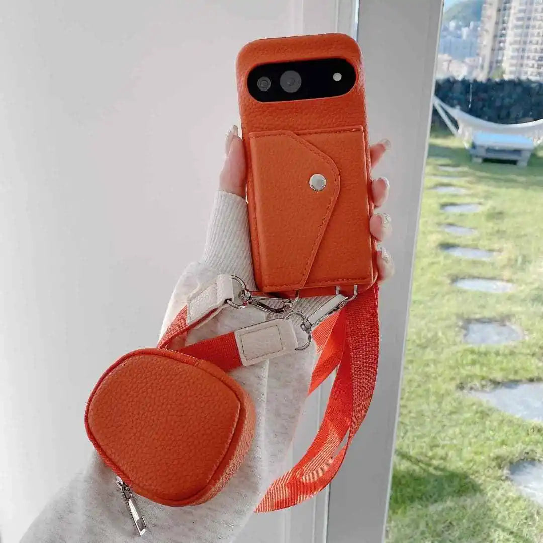 Orange Google Pixel crossbody wallet case with strap and mini pouch full set