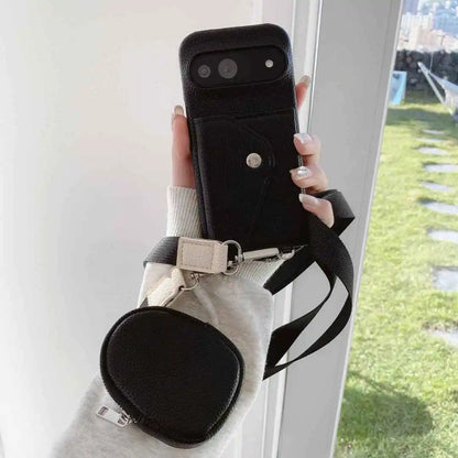 Black Google Pixel crossbody wallet case front and accessory detail