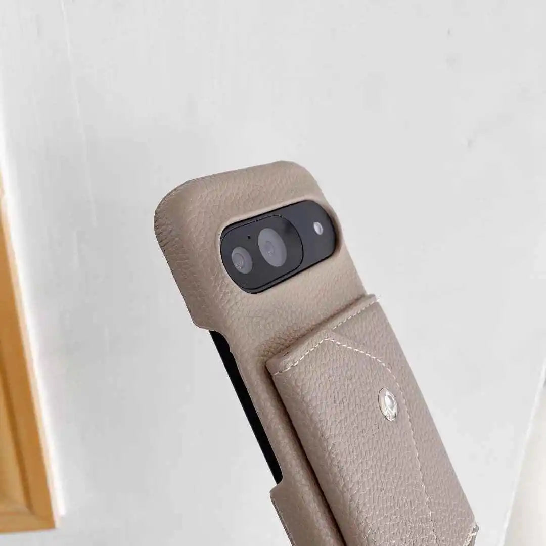 Google Pixel protective wallet case with strap and pouch close-up