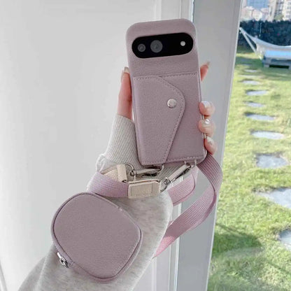 Pastel purple Google Pixel phone case combo with removable strap and mini pouch
