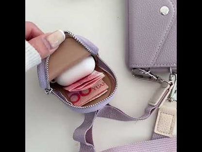 Video showing Google Pixel crossbody wallet case with strap and mini pouch in use