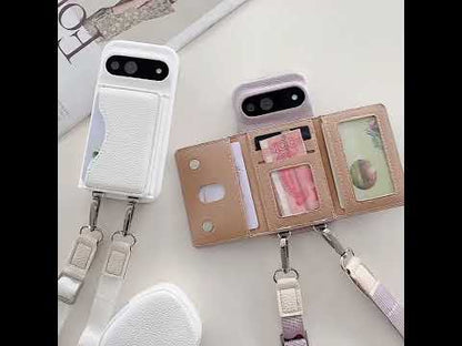 Video showing the Google Pixel crossbody wallet case, trifold card holder, and detachable pouch