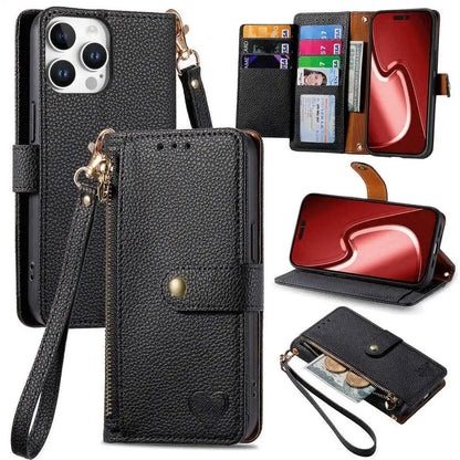 Black folio phone case with wrist strap, card slots, and stand feature on a white background