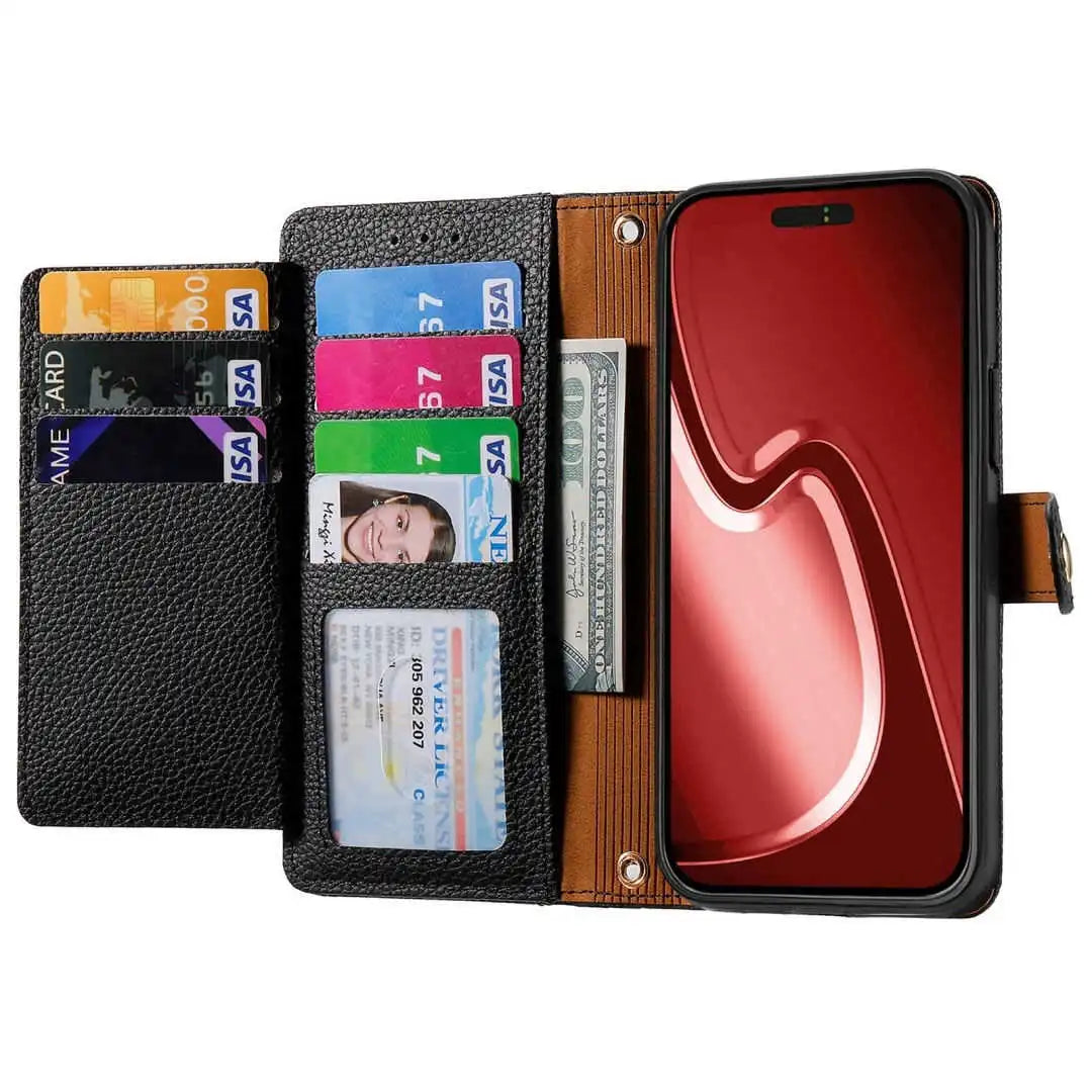 leather folio wallet Phone case with card slots and cash pocket on a white background