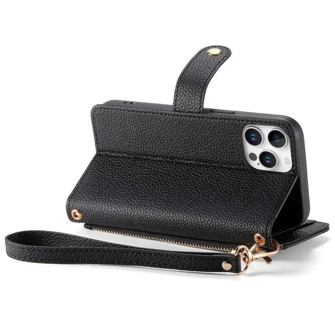 Black phone case with a strap on a white background