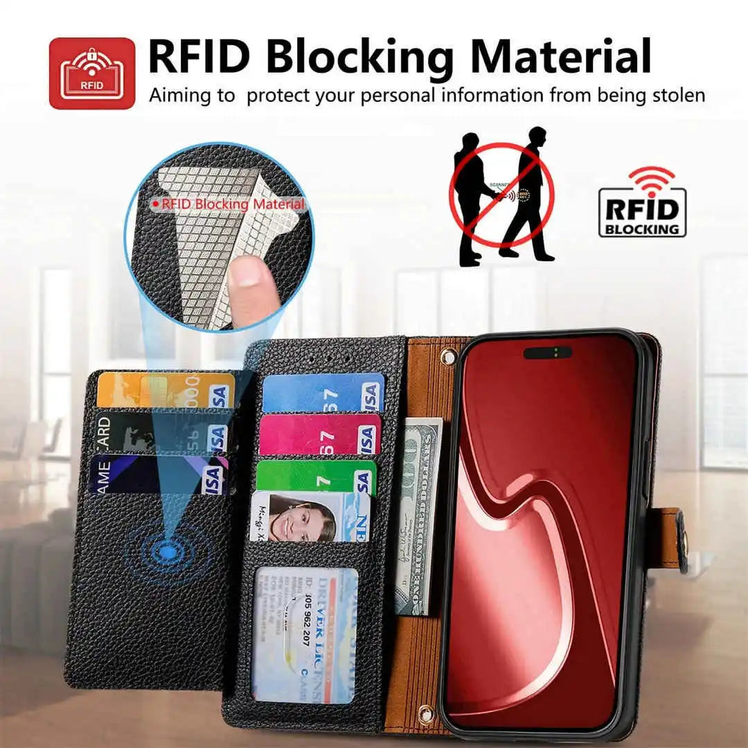 RFID blocking material with a wallet and phone case on a white background