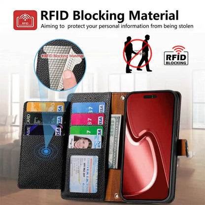 RFID blocking material with a wallet and phone case on a white background