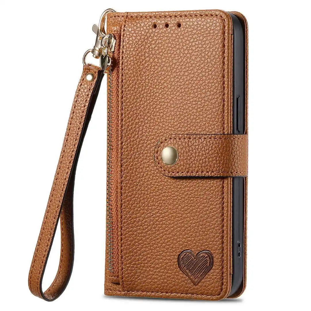 Brown leather phone wallet case with a heart design on a white background