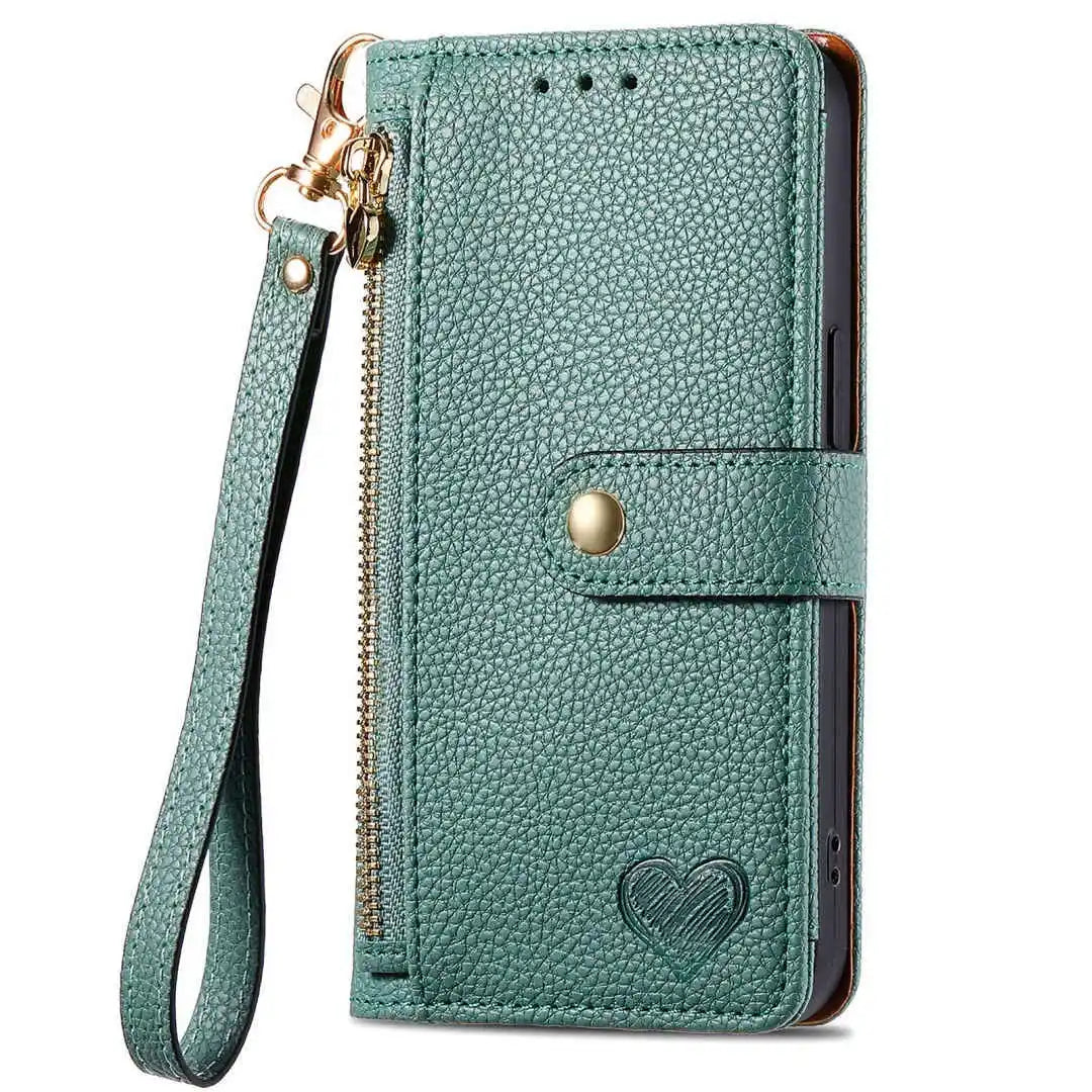Green phone case with zipper and wrist strap on a white background