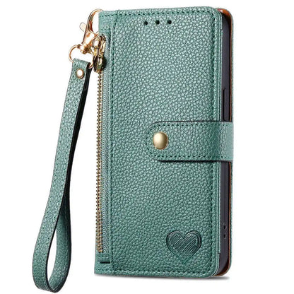 Green phone case with zipper and wrist strap on a white background