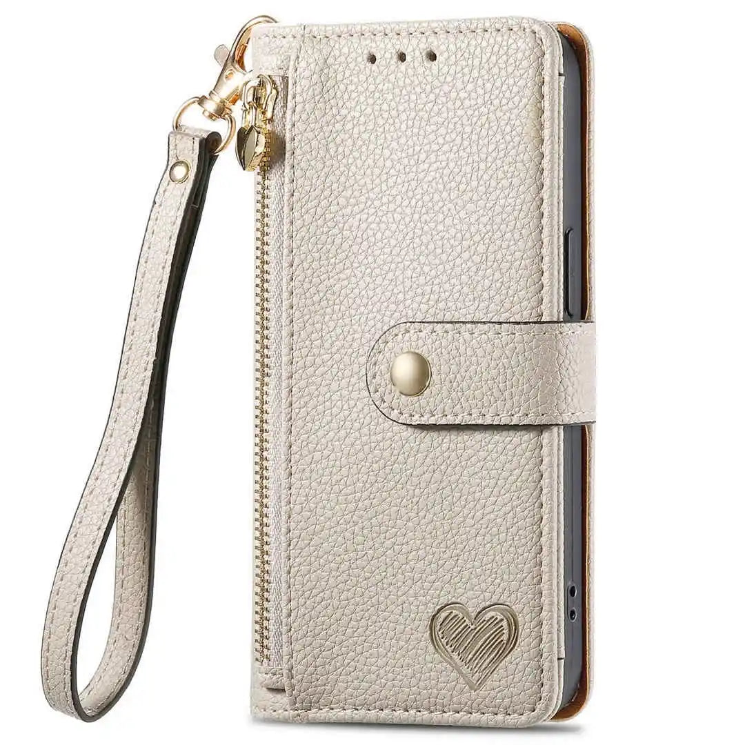 Beige phone wallet case with a heart design on a white background