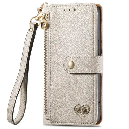 Beige phone wallet case with a heart design on a white background