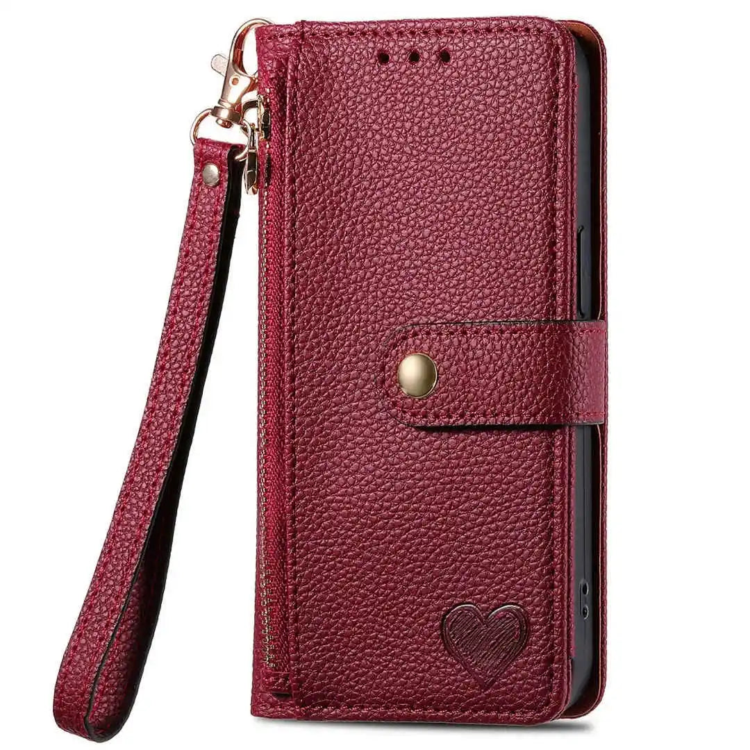 Red phone wallet case with a heart design on a white background