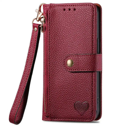 Red phone wallet case with a heart design on a white background