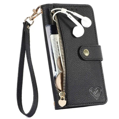 Black wallet phone case with zipper pocket, card slots, and earbuds on a white background