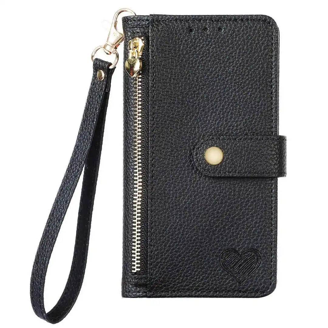 Black phone wallet case with a strap on a white background