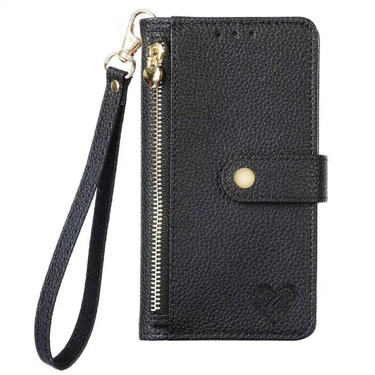 Black phone wallet case with a strap on a white background