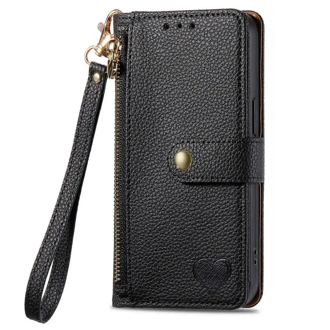 Black leather phone wallet with wrist strap on a white background