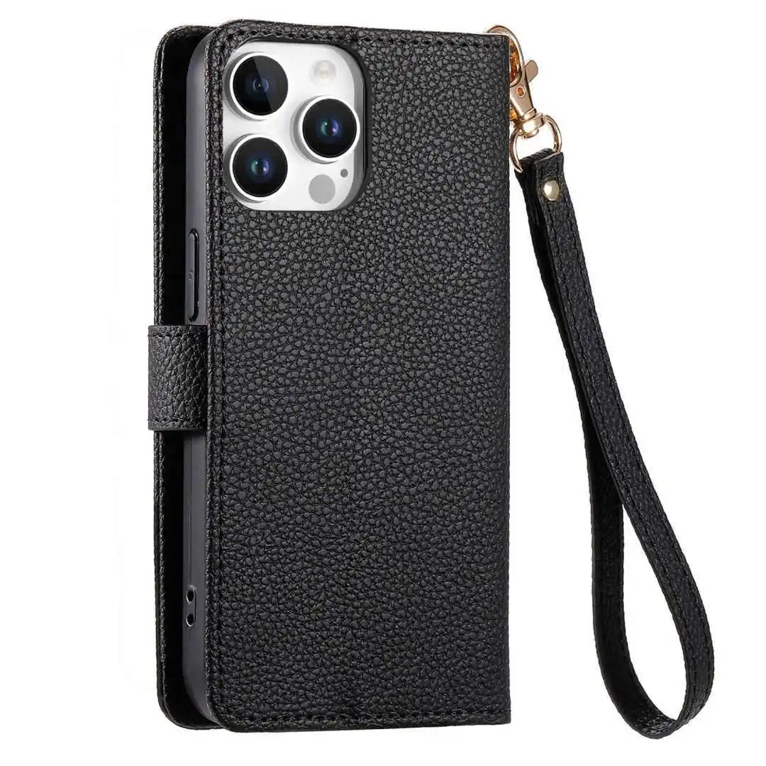 back of a Black folio phone case with a strap on a white background